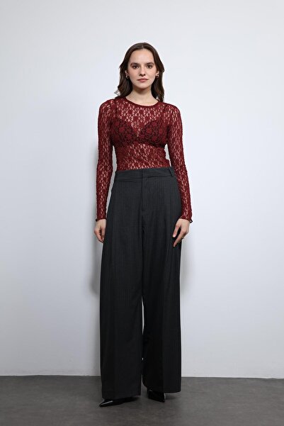 Antioch Burgundy Lace Detailed Transparent Blouse