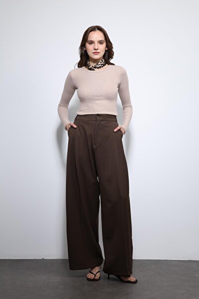 Antioch Dark Brown Pleated Palazzo Women's Trousers