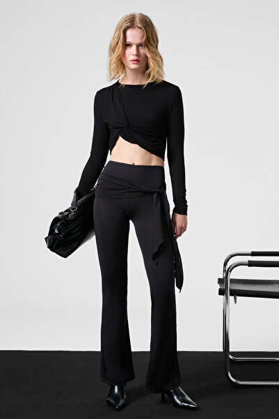 GRIMELANGE Slate Women's Round Neck Front Knot Detailed Fitted Stretchy Fabric Crop Black Blouse