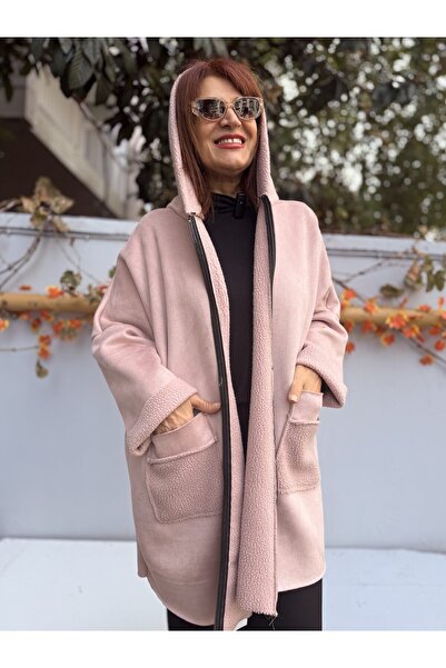 DenizEge Women's Italian K Hooded Nubuck Coat Powder