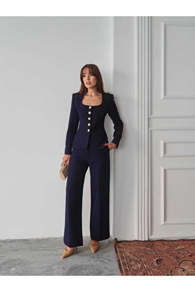 Swass Jane Button Tailored Suit Navy Blue