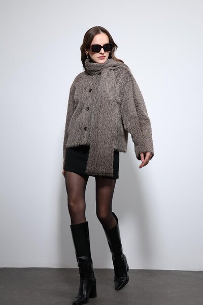 Antioch Light Brown Scarf Collar Faux Fur Coat