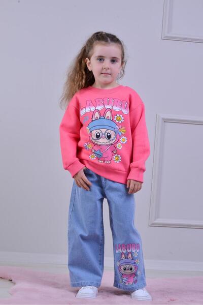 LİLLYPİCCA Girl's 3 Ip Ş Fleece-Lined 2-Piece Set B Printed Sweatshirt - Wide Leg Jean Pants with Elastic Waist