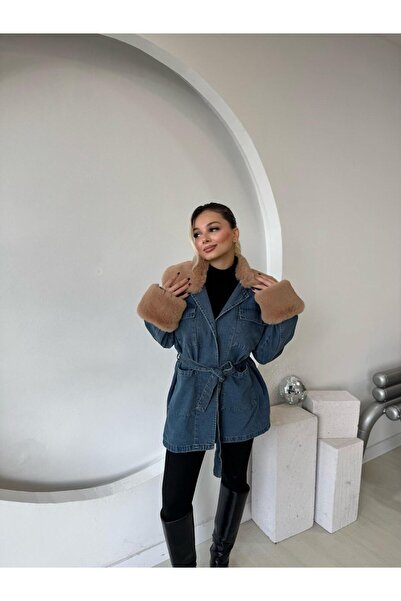 Helen Goods Jachetă de denim cu curea cu detalii din blană pentru femei