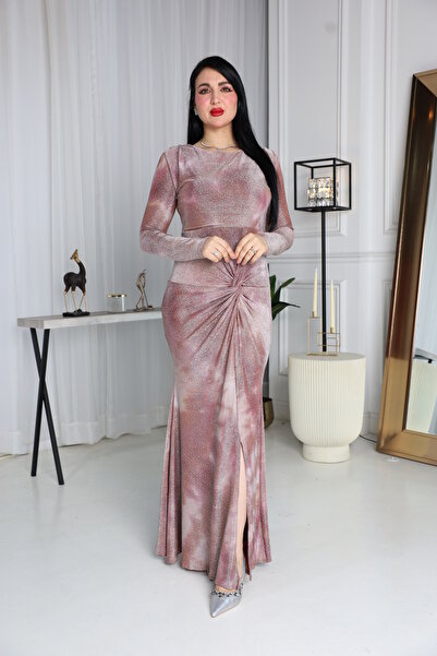 berlanty A long, shimmering evening dress with a tie-dye pattern and a front bow.