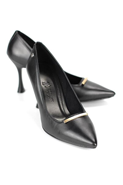 Gökhan Talay Arina Flexible Soft Non-Slip Sole (8 cm) Black Leather Thin Strap Buckle Women's Heeled Shoes