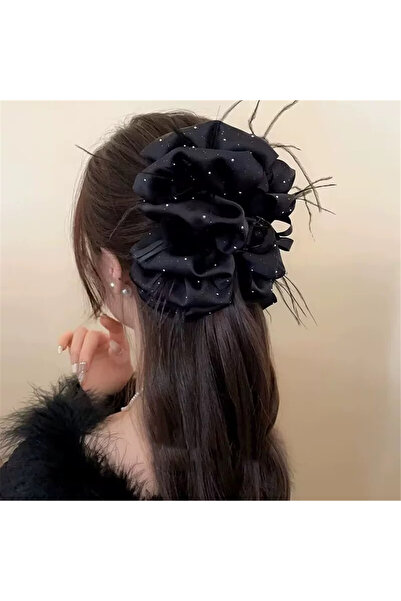 Pelin Aksesuar Black glitter and feathered large flower hair clip