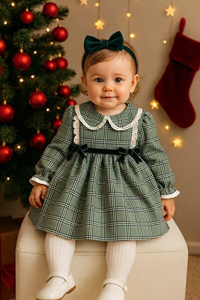 VİTRİNMİXMİNİ Baby Collar Plaid Patterned Green Color Girl's Dress - with Hai...
