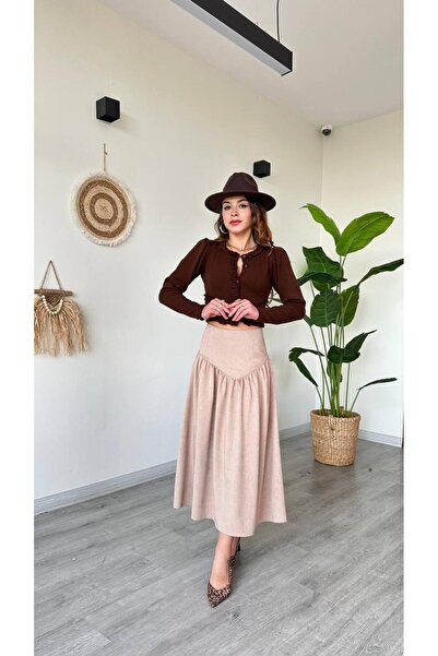 modadagiyim Women's Suede Ruched Detail Very Stylish Midi Skirt