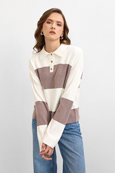 Ranasubaşı بلوفر تريكو مخطط كريمي – مينك
