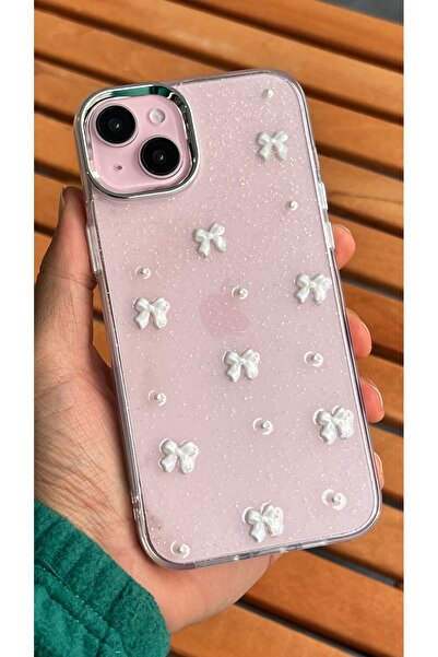 EDELFU آيفون 15 - غطاء شفاف بنمط فيونكة بيضاء لامعة مع بروز للكاميرا