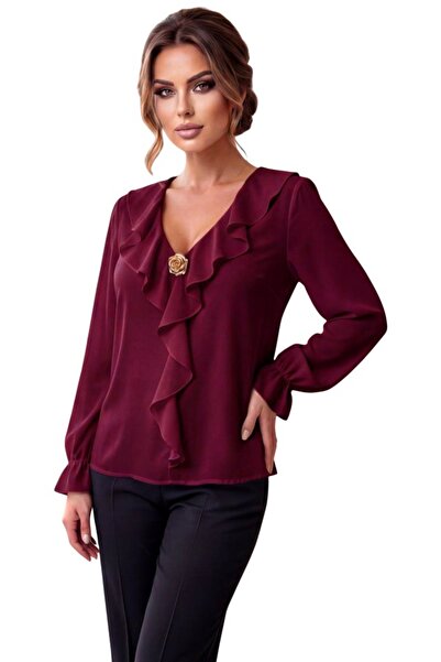 FashionForYou Elegant women's blouse, NORIA, with ruffles and gold brooch, Burgundy, Size S/M
