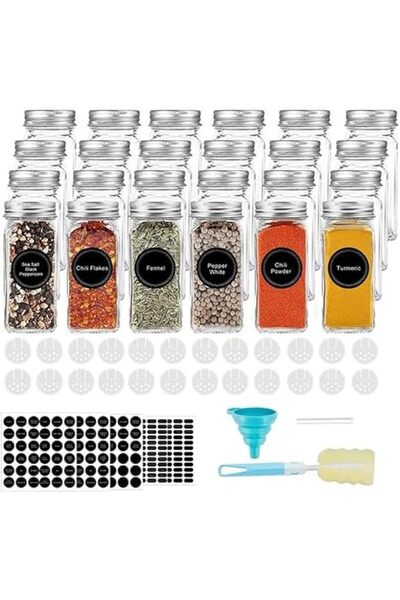 Monoptilon 24-Piece Glass Spice Jar Set with Label Stickers, 120ml, Metal Cap & Pour Filter