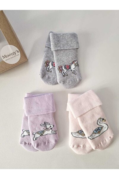 Moonys Socks Collection Kuğu Desenli Havlu Bebek Çorap Seti - Kaydırmaz Tabanlı