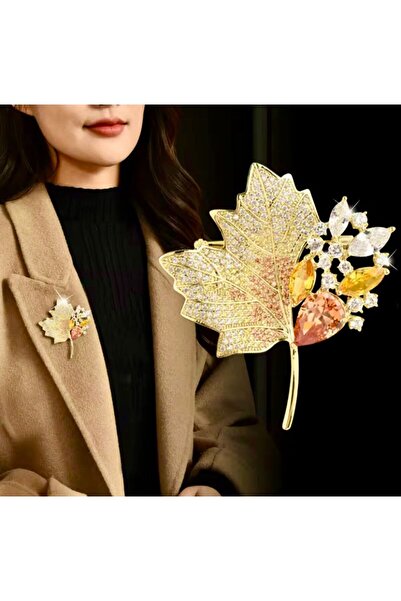 Rachel Silver Zirkon Taşlı Altın Renk Sitrin Taşlı Şık Yaprak Broş