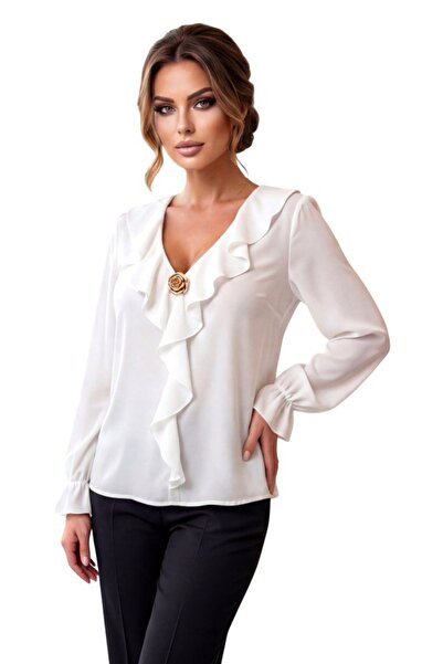 FashionForYou Women's flowy blouse, NORIA, with ruffles and gold brooch, White, Size S/M