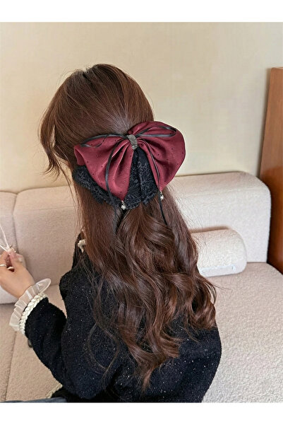 Pelin Aksesuar Burgundy satin and black lace large bow hair clip