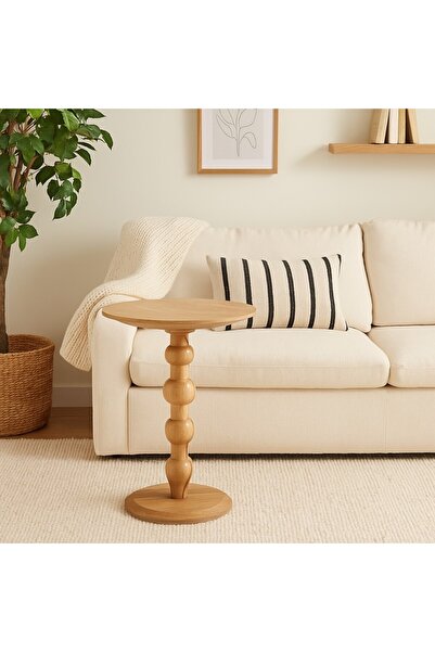 Vi Markets طاولة جانبية خشبية بتصميم دائري أنيق وقاعدة منحوتة