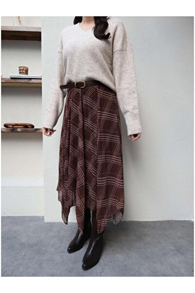 modadagiyim Women's Plaid Patterned Wrinkled Effect Lined Asymmetrical Midi Chiffon Skirt