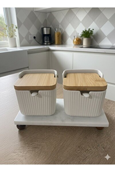 Qerhome Salt and Pepper Shakers with Bamboo Lid and Porcelain Spoon, 2-Piece Marble Stand, 300 ml (Cmr)