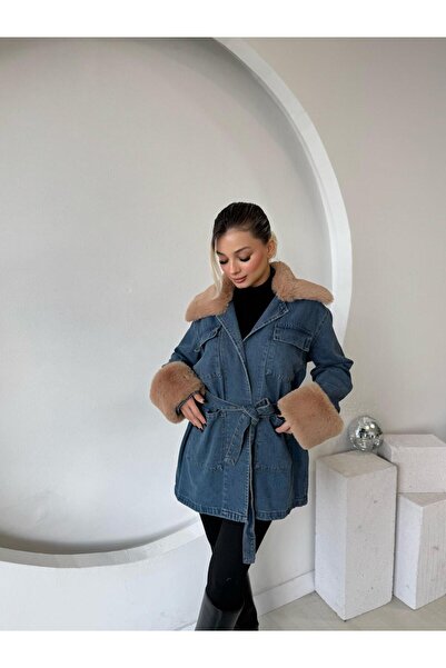 Helen Goods Jachetă de denim cu curea cu detalii din blană pentru femei