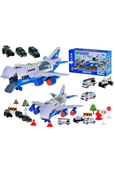 ARISTEF Interactive play set, Transport plane with lights and ramp, 6 cars included + accessories