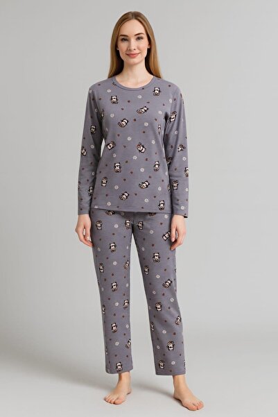 Pemilo Women's 0299 Long Sleeve Patterned Suede Pajama Set Gray