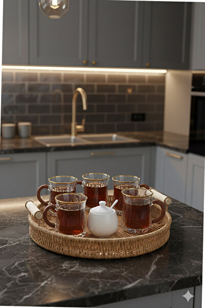 Home Ravera Rattan Decorative Presentation Serving Tray 36 cm Round Tray with Wooden Handle