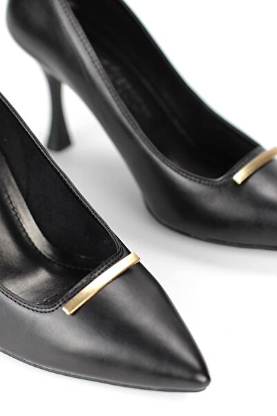 Gökhan Talay Arina Flexible Soft Non-Slip Sole (8 cm) Black Leather Thin Strap Buckle Women's Heeled Shoes