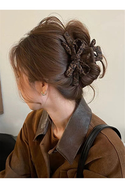 Pelin Aksesuar Brown leopard patterned bow clip