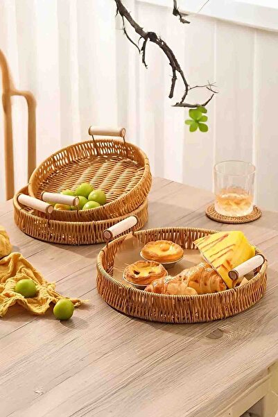 Home Ravera Rattan Decorative Presentation Serving Tray Set of 3 Round Tray with Wooden Handle