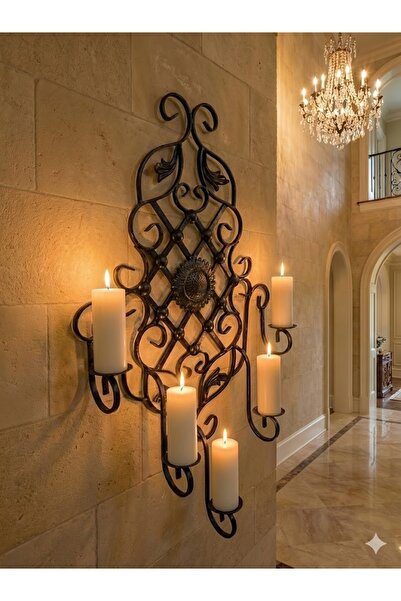 Samsun Demsa Demir Ferforje Dekoratif Ferforje Duvar Şamdanı 5'li Metal Mumluk Aplik - Siyah/Rustik