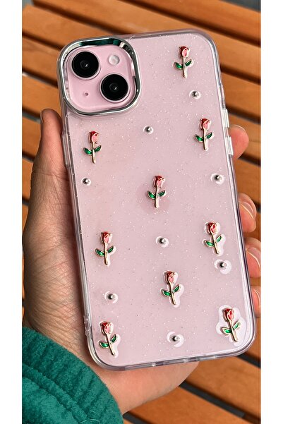 EDELFU آيفون 14 بلس و15 بلس - غطاء شفاف بنمط الورد الأحمر اللامع مع بروز للكا...