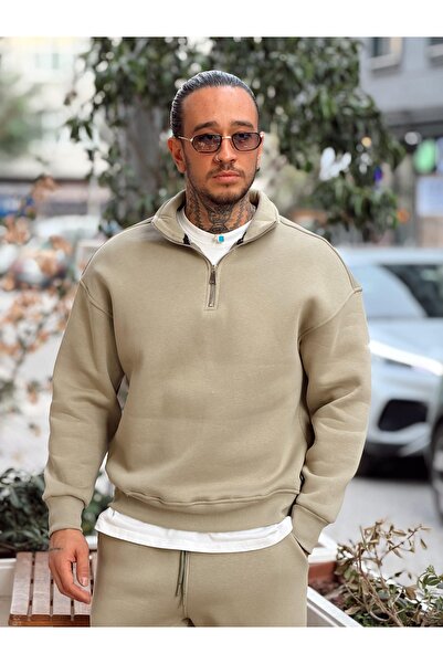 manch collection Fleece-Lined Zippered Collar Top and Bottom Set Khaki