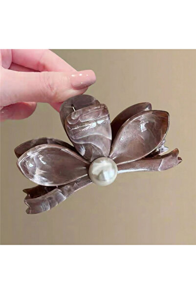 Pelin Aksesuar Kahverengi Mermer Desenli İncili Çiçek Mandal Toka