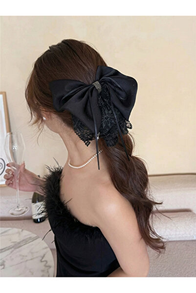 Pelin Aksesuar Black Satin and Lace Detailed Large Bow Buckle