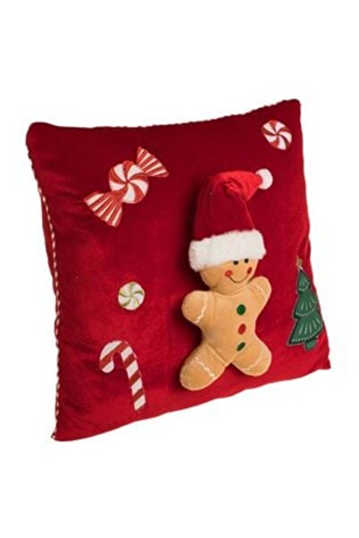 Jumbo Red Christmas Decorative Pillow with 3D Gingerbread Man Figurine 35 x 35 cm