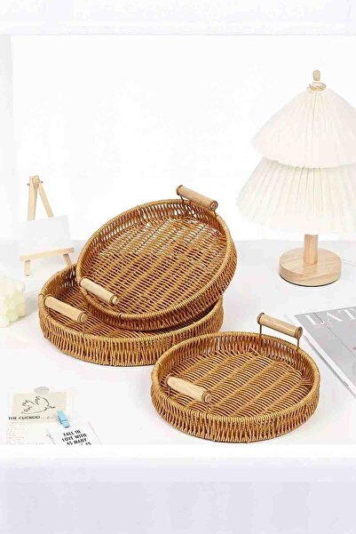 Home Ravera Rattan Decorative Presentation Serving Tray 36 cm Round Tray with Wooden Handle