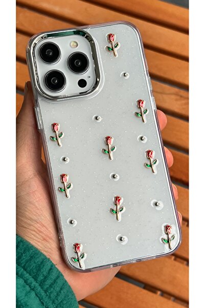 EDELFU آيفون 14 برو ماكس - غطاء شفاف بنمط الورد الأحمر اللامع مع بروز للكامير...