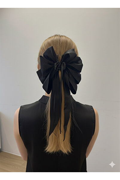 Pelin Aksesuar Black Sparkling Long Tail Large Bow Buckle