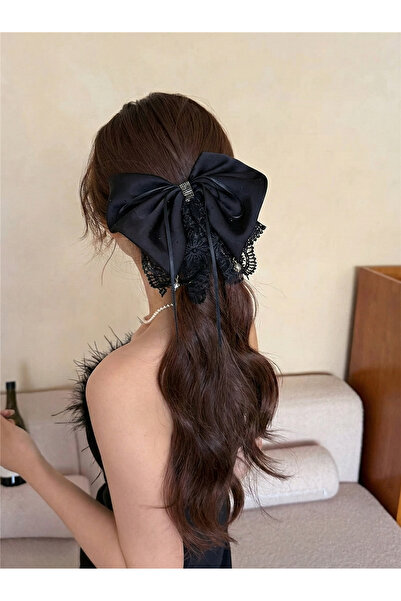 Pelin Aksesuar Black Satin and Lace Detailed Large Bow Buckle
