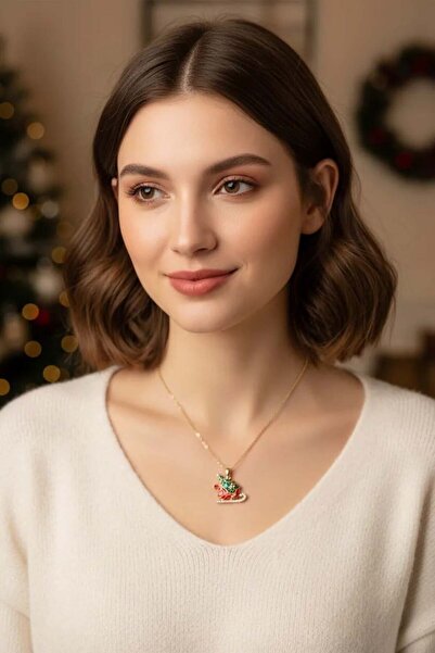 Clariss Çelik Zincir Gold Renk Kızak ve Çam Ağacı Figürlü Yılbaşı Temalı Kadı...