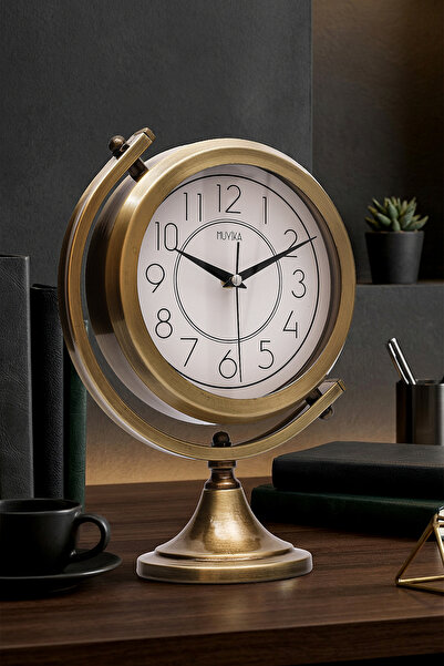 Muyika Design Gold Metal Masa Saati – Sessiz Mekanizma, Latin Rakamlı Dekoratif Vintage Tasarım-Mezza Gold Latin