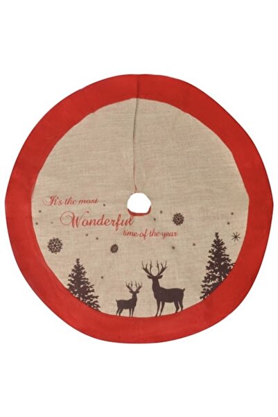 Dekoraifu Beige jute Christmas tree skirt with red border and print, 1 m