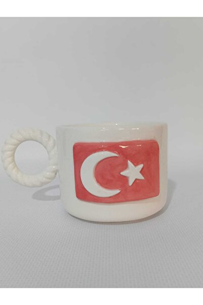 Zümrüdüanka Seramik Turkish Flag Embossed Handmade Ceramic Mug