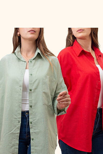 Justime Women's Oversized Cotton Linen Red - Mint Green Shirt