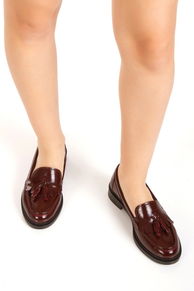 MFT AYAKKABI Burgundy Patent Leather Tasseled Moccasin Loafer Casual Shoes