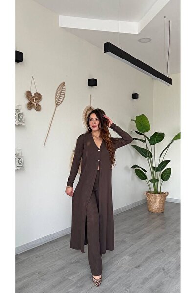 modadagiyim Burgundy Cardigan Pants Top and Bottom Two-Piece Knitwear Set