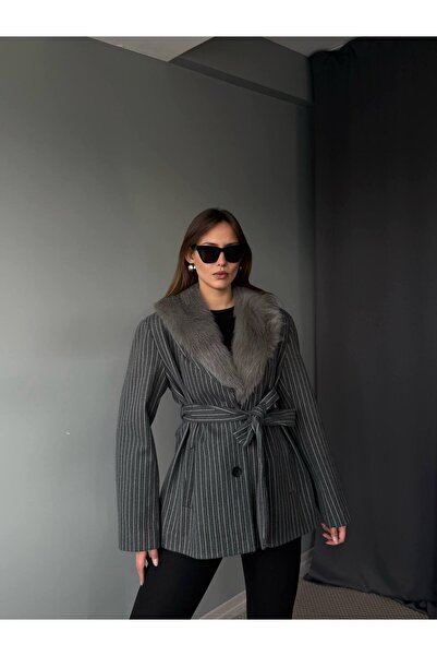 MODAGK Women's Faux Fur Detailed Cashmere Coat