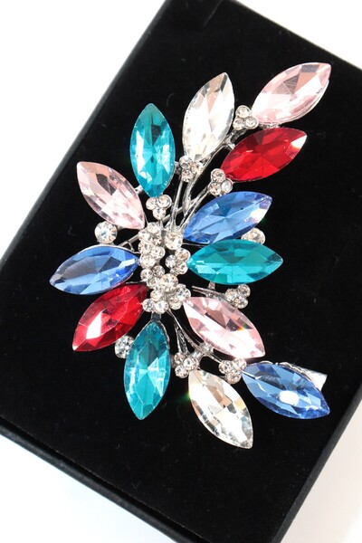 Rainbow symphony Olive leaf brooch, silver branched flowered women's lapel pin with diamond cut stone.